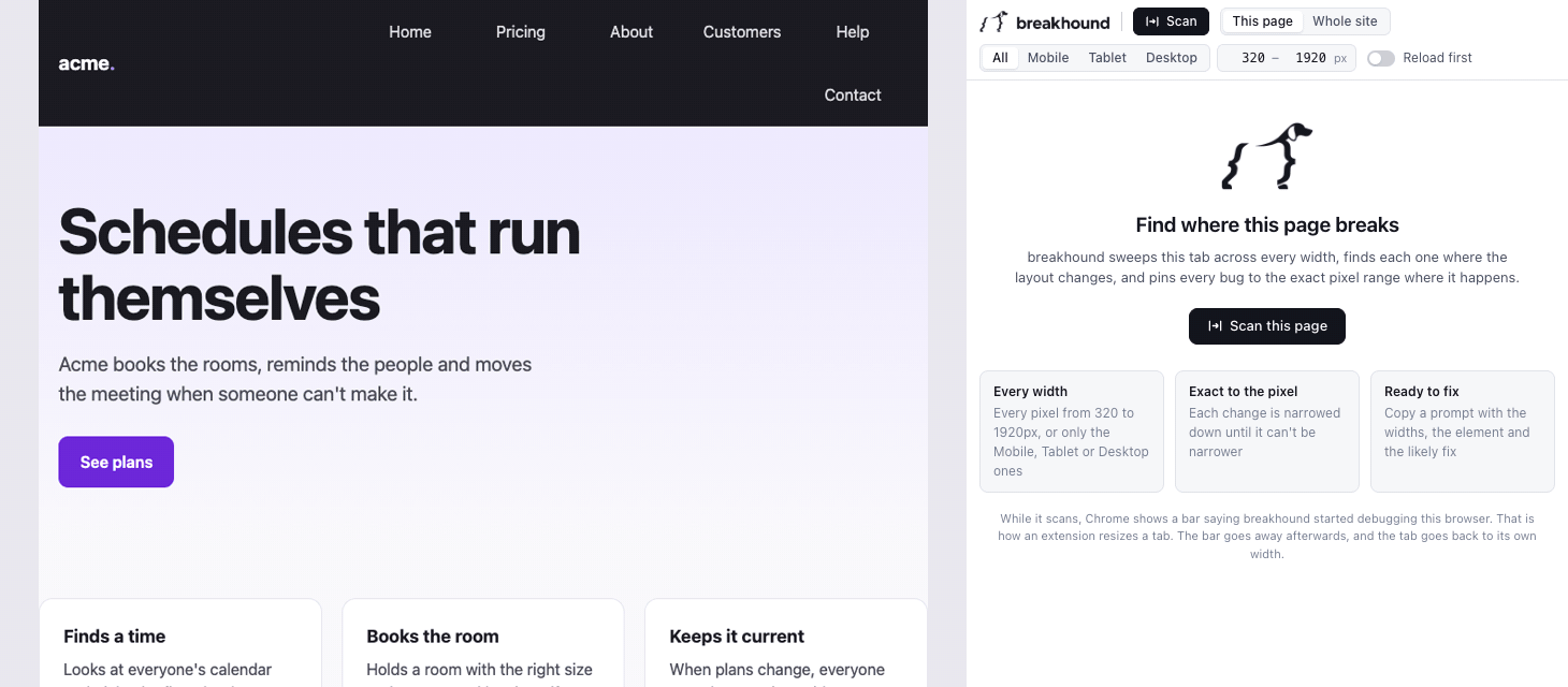 The breakhound extension scanning a small site in Chrome, then showing each issue at the width where it is worst